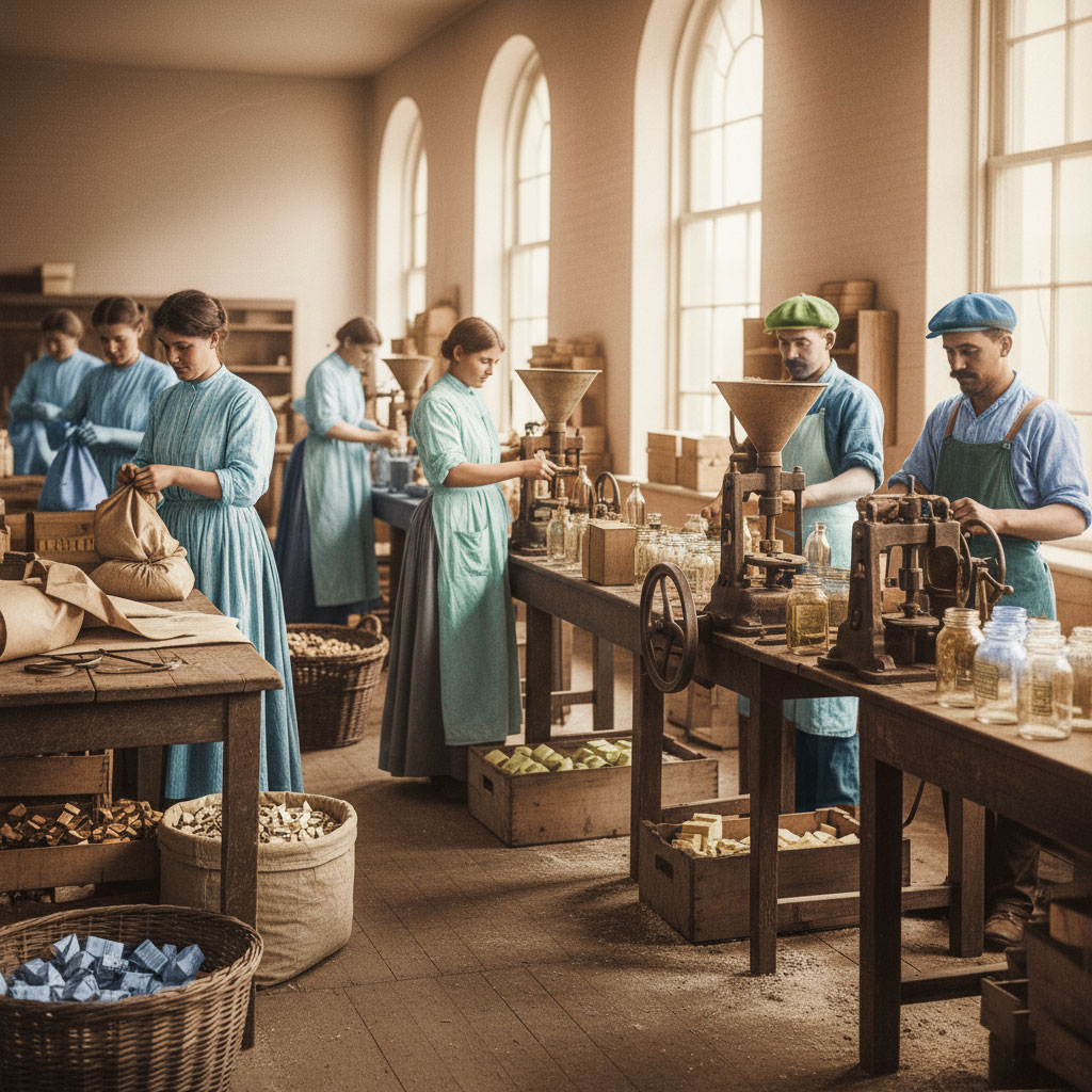 Primeras m&aacute;quinas de embalaje manuales y mec&aacute;nicas utilizadas en f&aacute;bricas antes de la automatizaci&oacute;n.